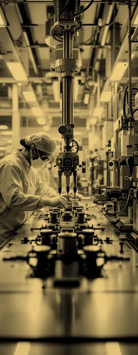 A person in protective clothing at a production workstation with robotics