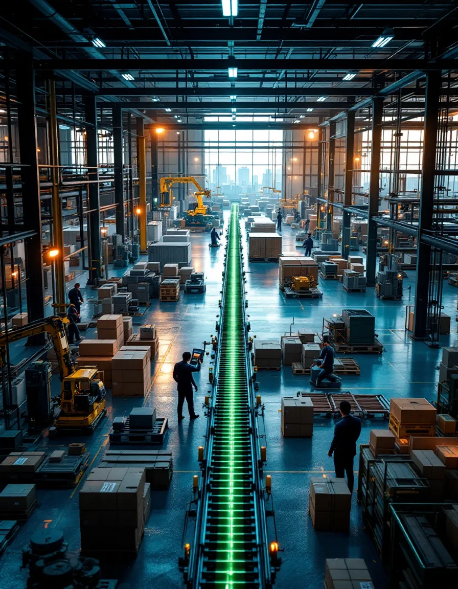 Industrieller Produktionsstandort mit Förderlinie und Robotik — Kulisse für operative Beratung in Industrie und Mittelstand