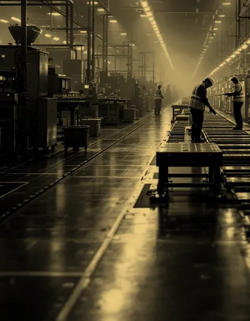 A factory floor with staff at a production line